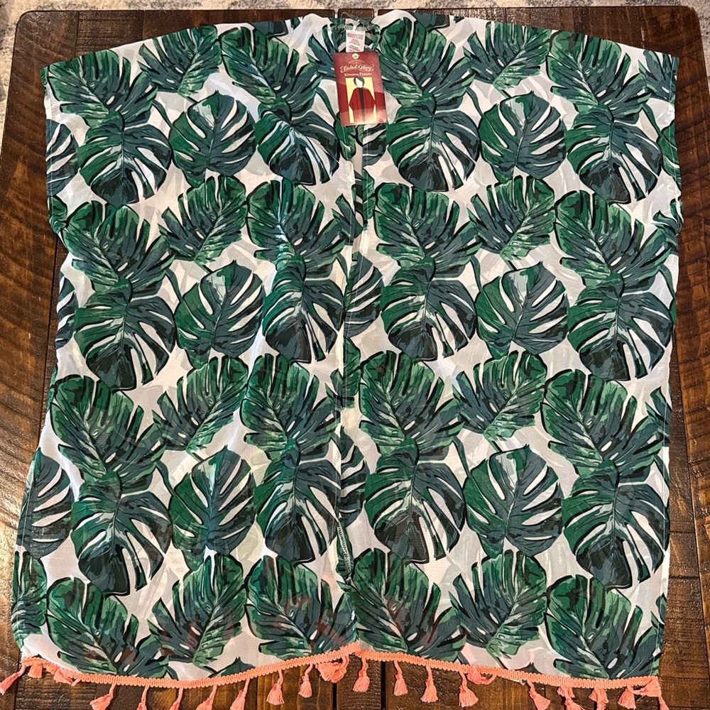 Faded Glory Tropical Leaf Kimono Cover Up NWT One Size Green Palm Print Tassel